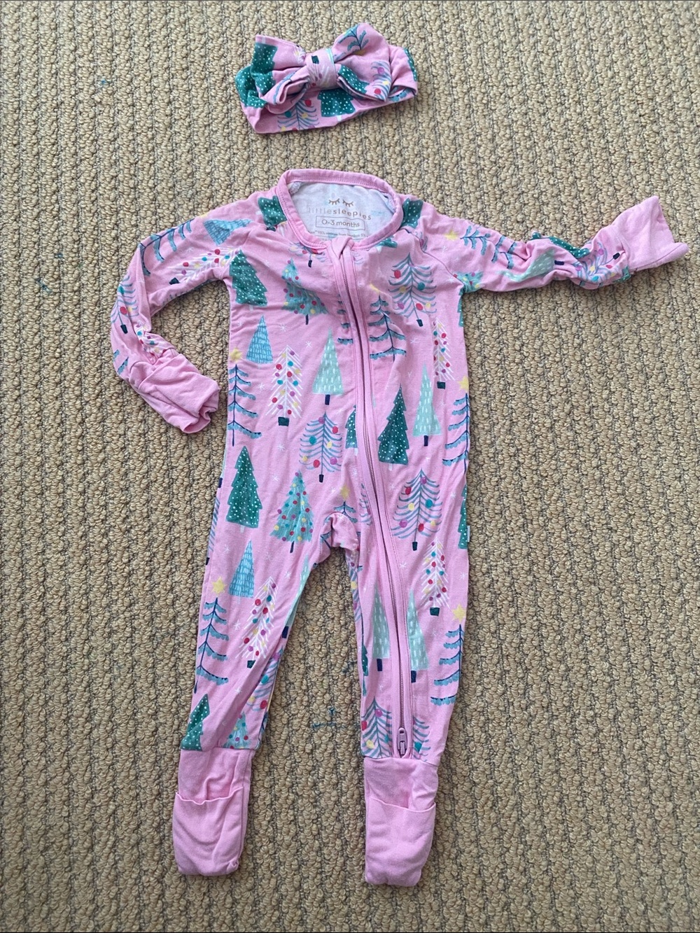 Little Sleepies Pink Holiday Tree Footed One-Piece with Headband